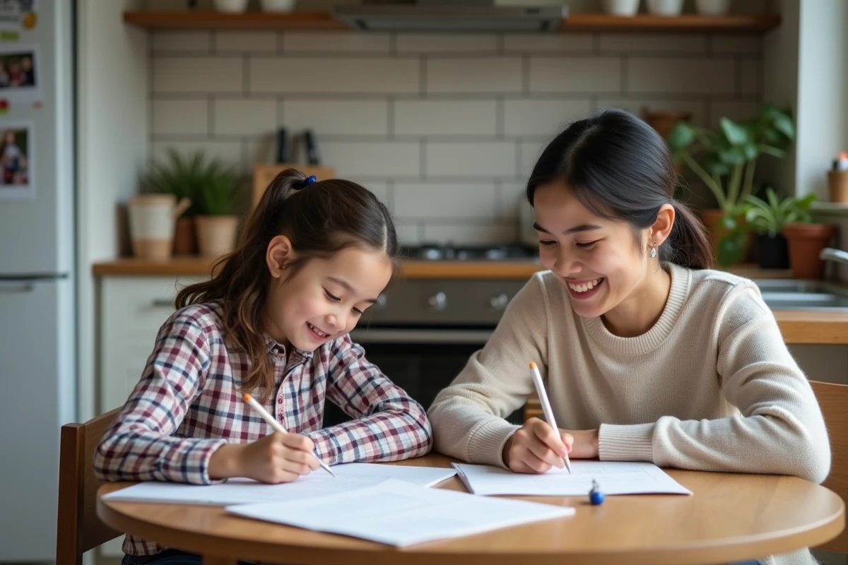 Mère et fille faisant leurs devoirs à la table de cuisine