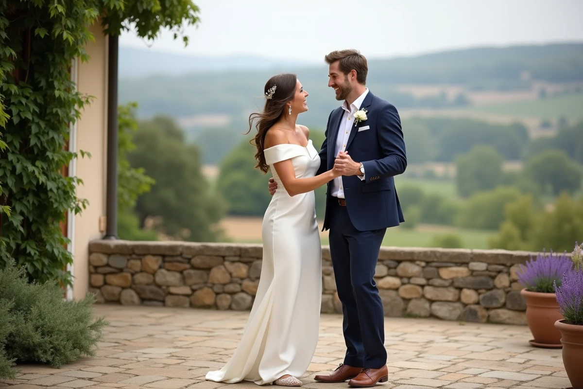 Mariés en tenue de cérémonie pratiquant la danse Madison sur la terrasse d'un château français avant leur mariage