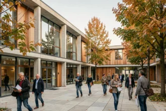 Vue d'ensemble d'un centre de formation professionnel en Centre-Val de Loire avec des apprenants adultes dans la cour
