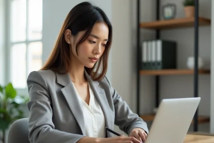 Femme professionnelle consultant une liste de contacts email sur un ordinateur portable lors d'une migration d'abonnement emailing