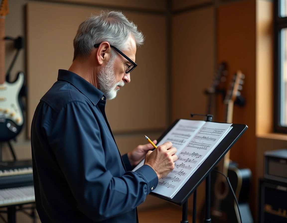 Musicien expérimenté annotant une partition guitare PDF imprimée sur un pupitre dans une salle de répétition professionnelle