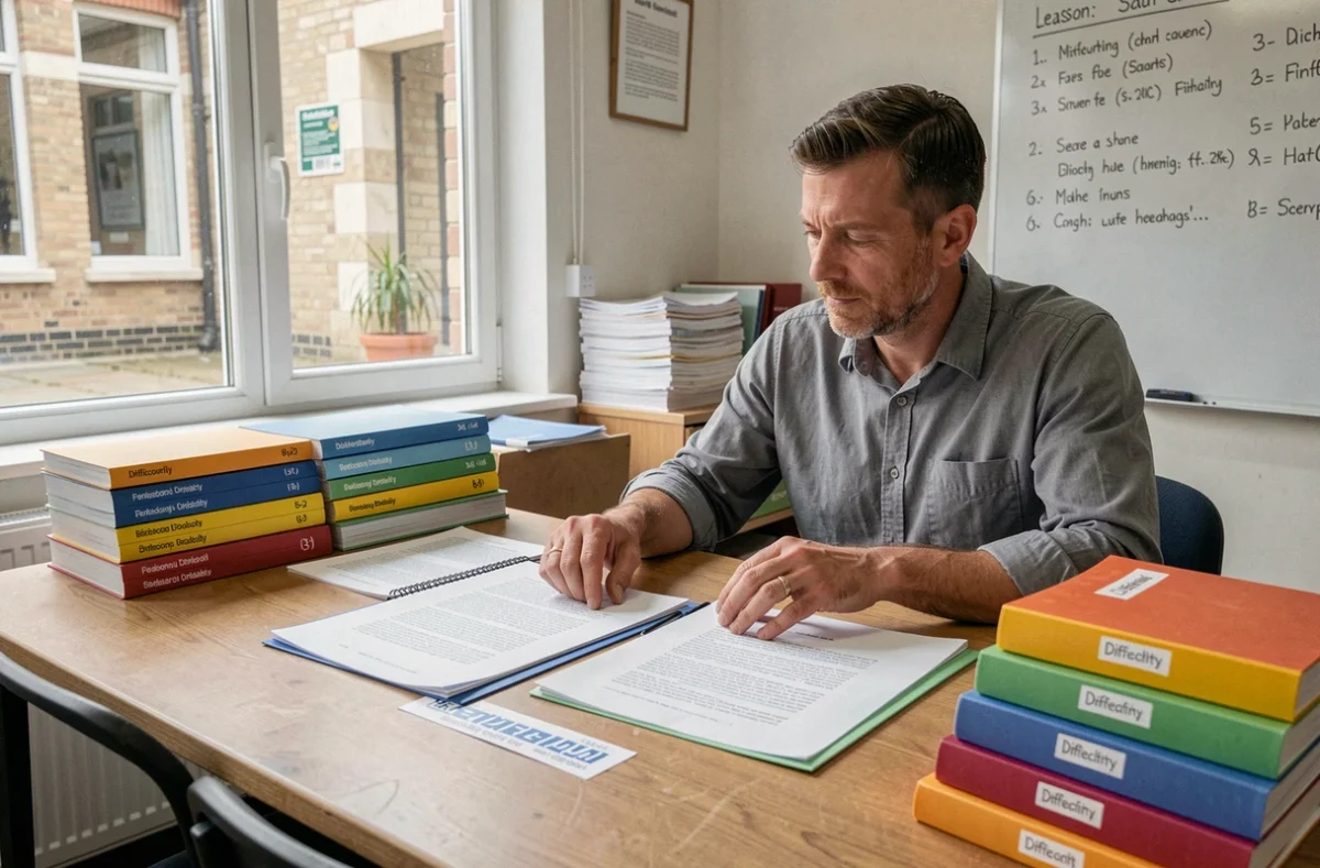 Éducateur organisant des textes de lecture différenciés par niveaux dans une salle des professeurs
