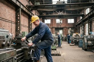 Ouvrier industriel en tenue de sécurité dans une ancienne usine