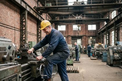 Ouvrier industriel en tenue de sécurité dans une ancienne usine