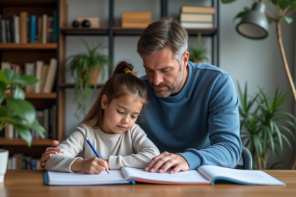 Père aidant sa fille à étudier dans un bureau moderne