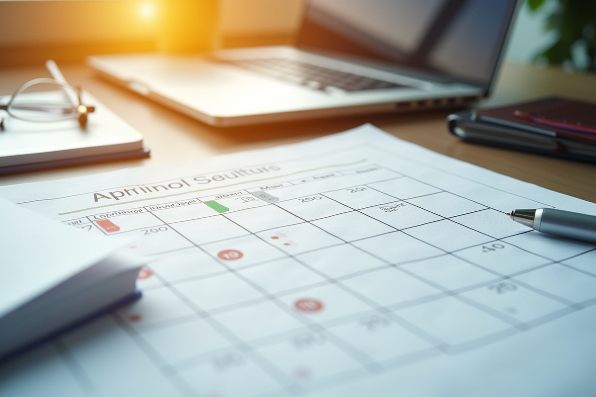 Piles de papiers administratifs et calendrier avec dates de paiement sur bureau ensoleille