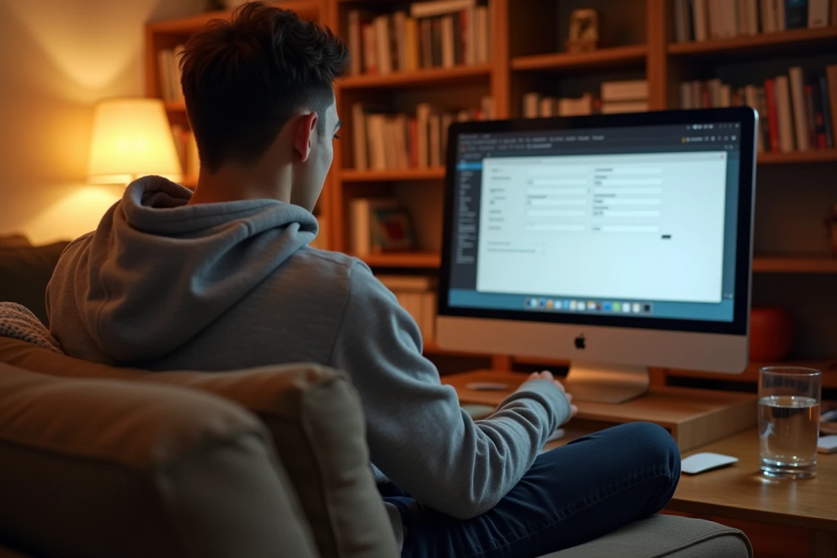 Jeune homme configurant les paramètres IMAP et SMTP de la messagerie AC Strasbourg sur ordinateur de bureau depuis son salon