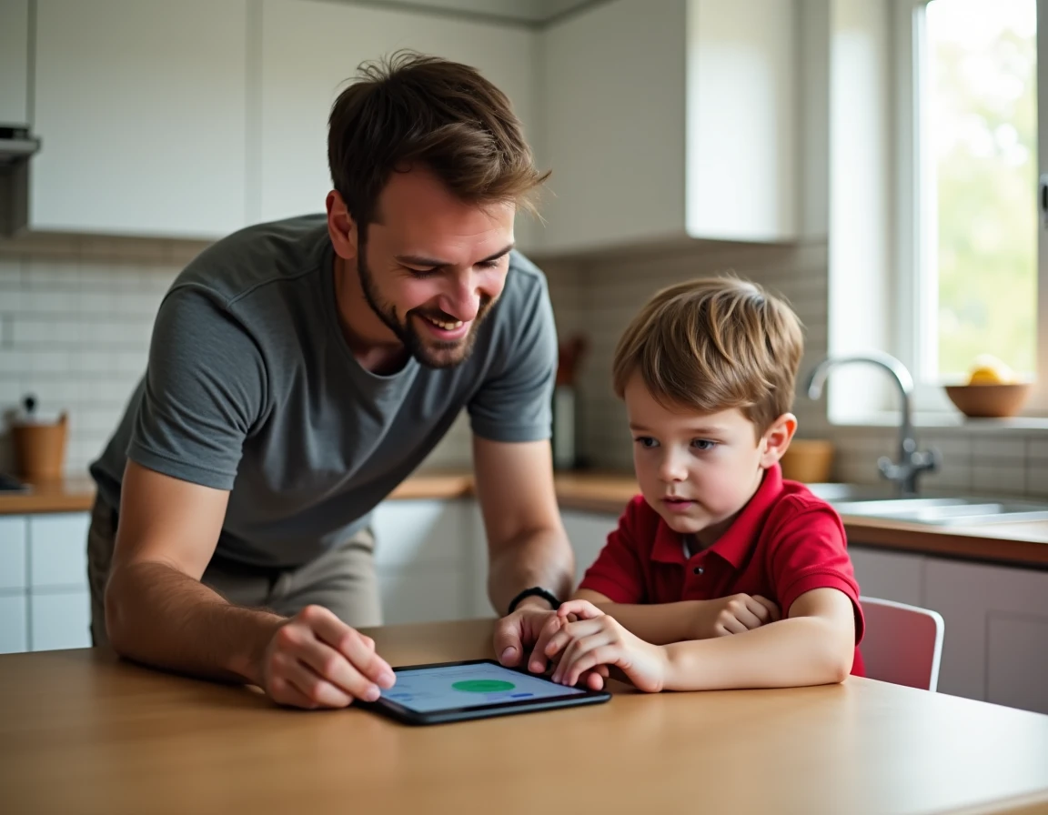Père et fils consultant ensemble l'ENT eschool sur une tablette dans la cuisine lors de la préparation de la rentrée