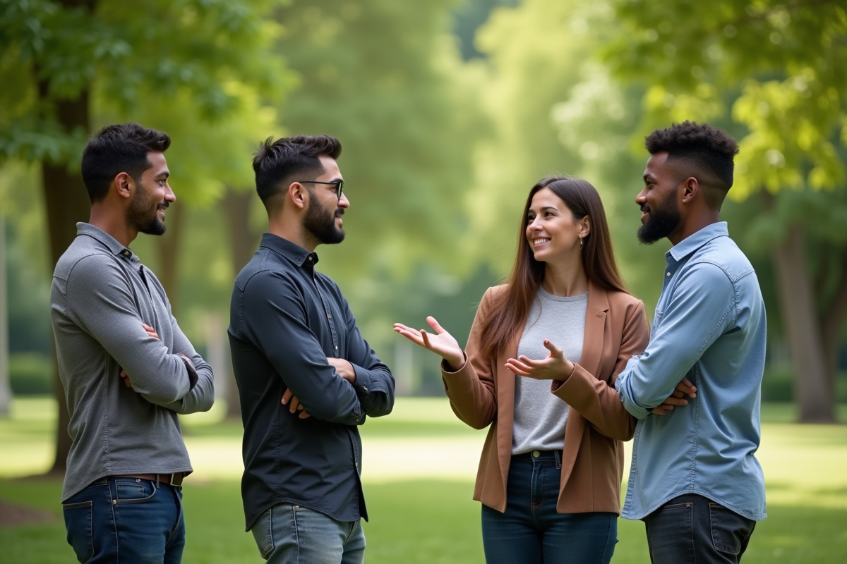 Cinq individus dans un parc montrant différents styles de communication