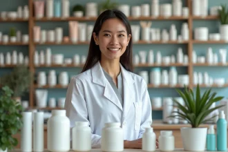 Femme pharmacienne souriante derrière le comptoir d'une parapharmacie moderne
