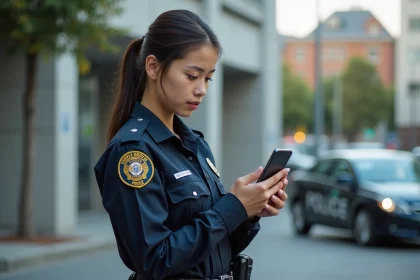 Policière en uniforme consultant un module de formation sur smartphone depuis le terrain en milieu urbain