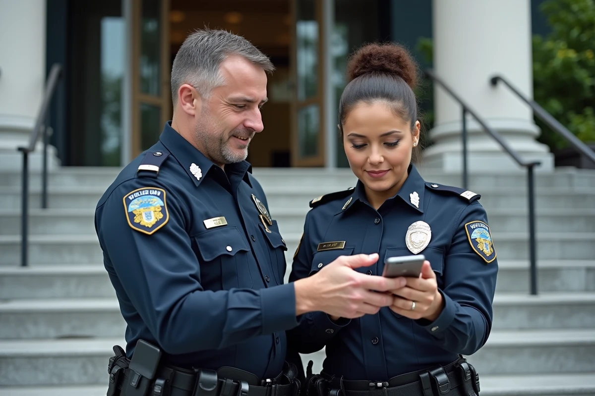 Deux policiers en uniforme consultant ensemble une application de formation mobile sur les marches d'un bâtiment administratif