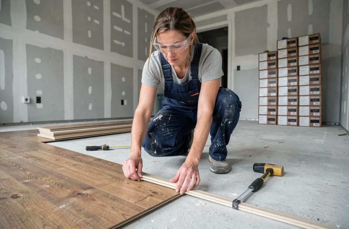 Femme posant un parquet stratifié lors de la rénovation complète d'un appartement inspirée d'un cours pratique de bricolage en ligne