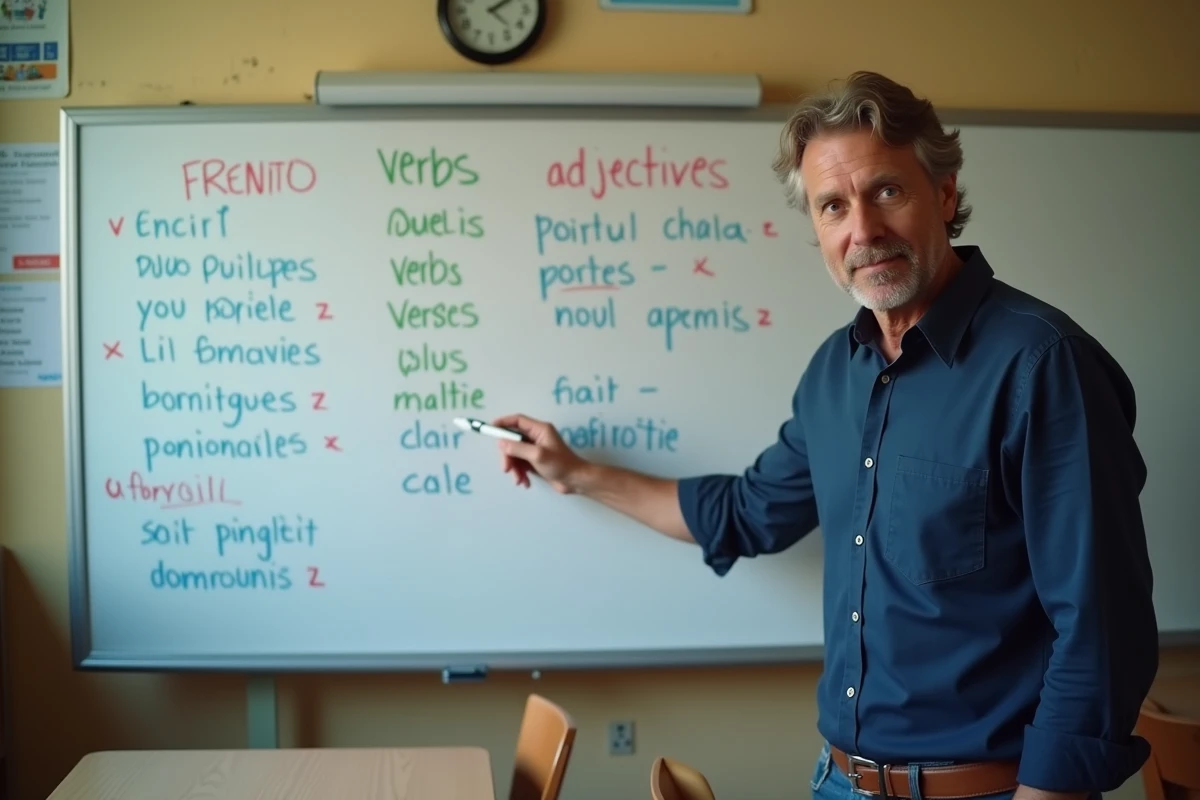 Enseignant expliquant les classes grammaticales au tableau dans une salle de classe française avec des exemples de noms, verbes et adjectifs