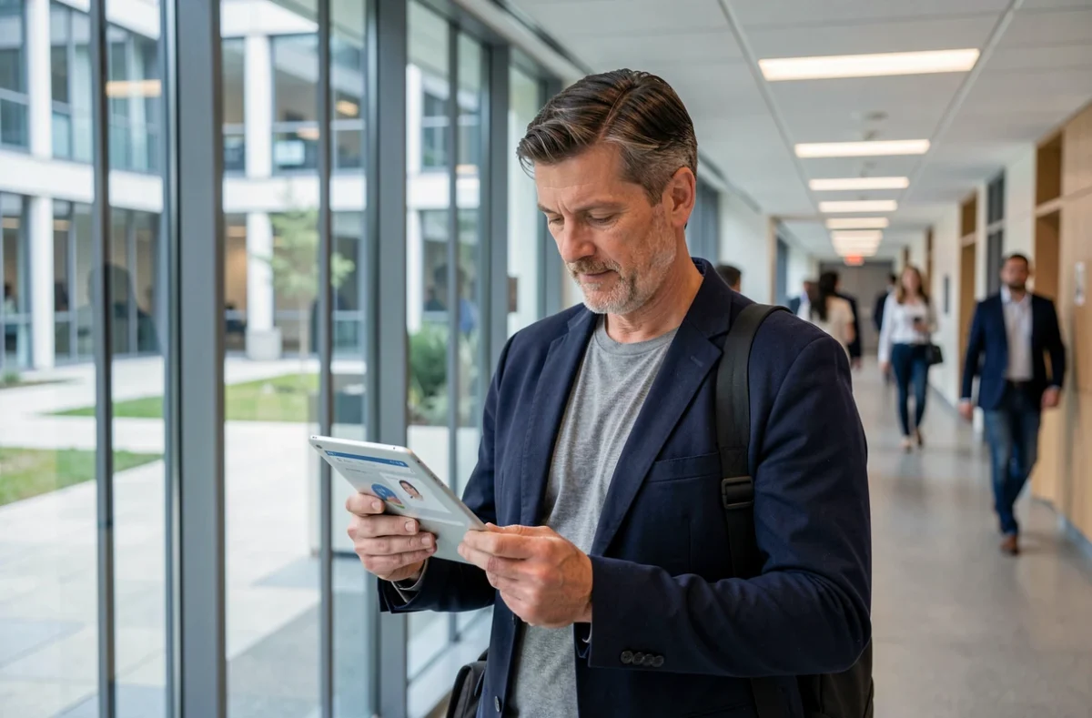 Professeur de l'université du Mans consultant les nouvelles fonctionnalités de l'ENT sur une tablette dans un couloir du campus
