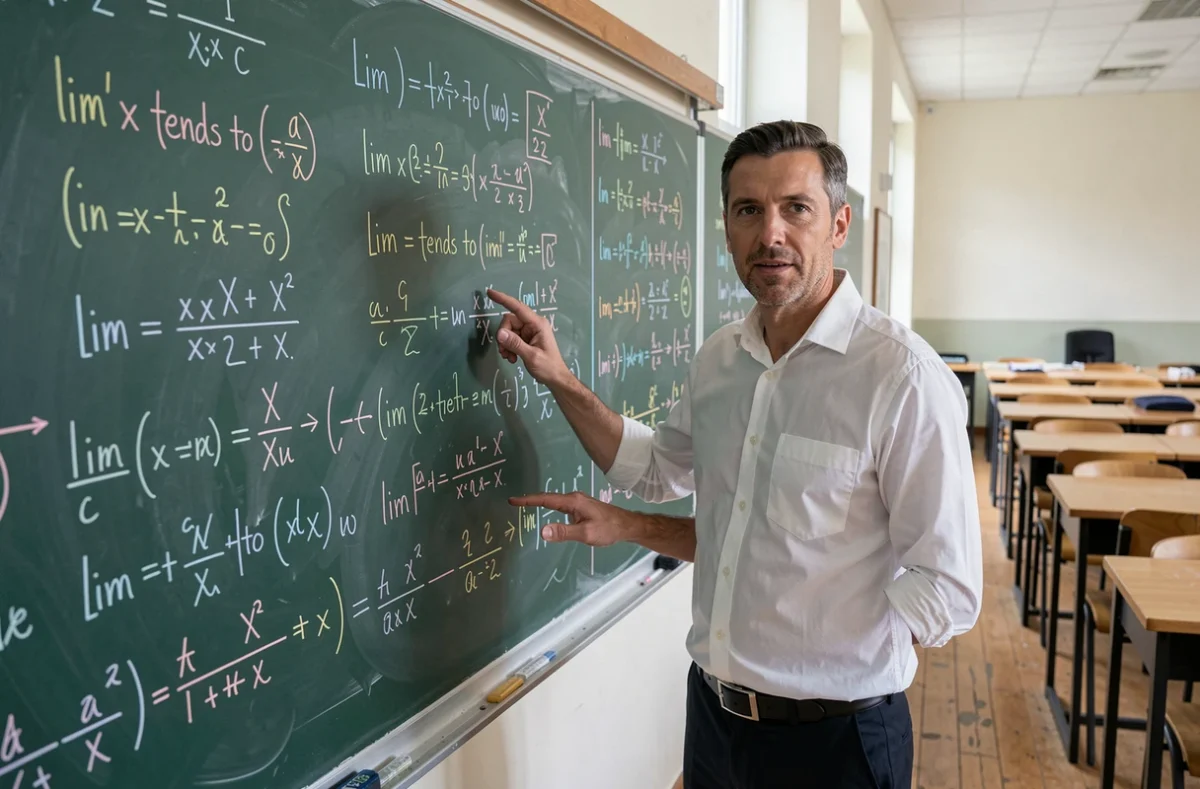 Professeur de mathématiques expliquant les limites de fonctions et les équivalents au tableau dans une salle de cours