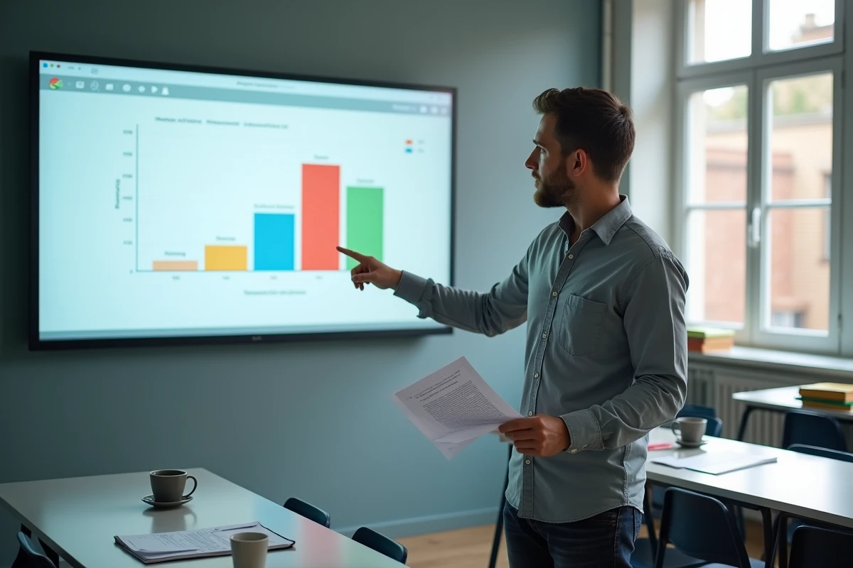 Professeur présentant le tableau de suivi des compétences LSU sur un tableau interactif
