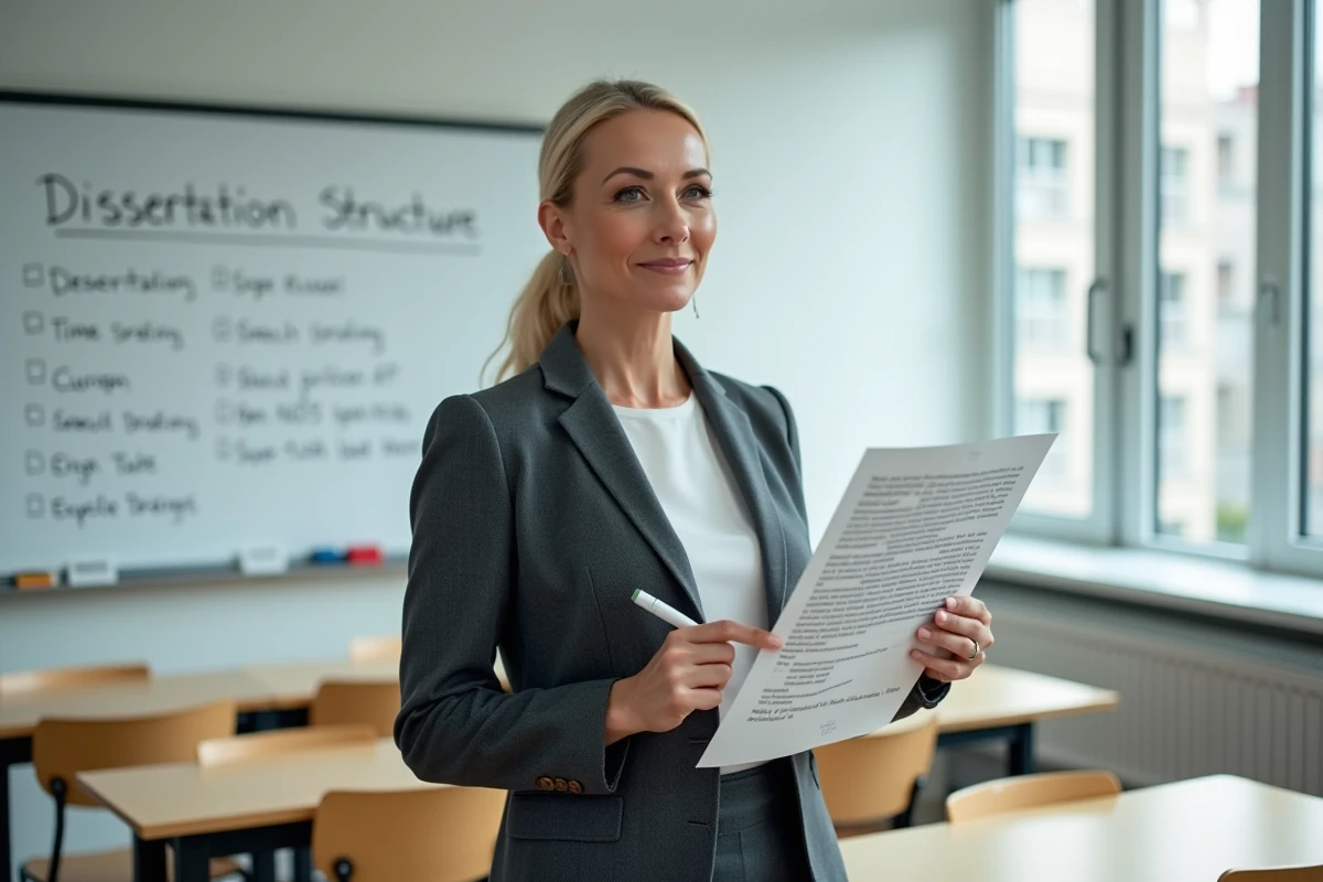 Professeure expliquant les bons exemples de dissertation devant un tableau blanc dans une salle de cours universitaire