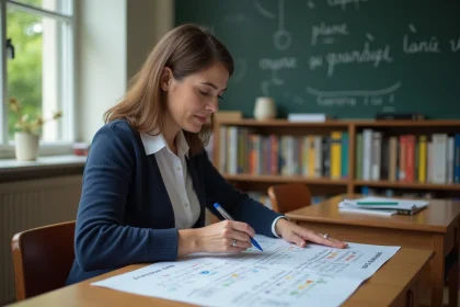 Professeure française pointant un tableau de conjugaison au passé simple
