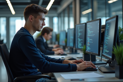 Jeune homme en informatique travaillant sur ses écrans