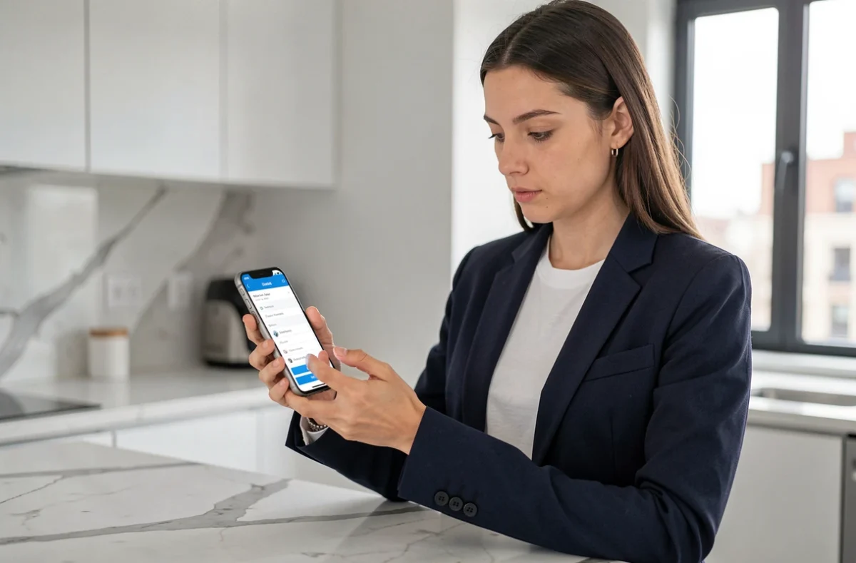 Jeune diplômée paramétrant son profil Addviseo sur smartphone dans une cuisine moderne pour postuler à son premier emploi