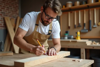 Homme en reconversion professionnelle apprenant la menuiserie dans un atelier de travail du bois