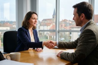 Femme d affaires serrant la main d un recruteur dans un bureau moderne