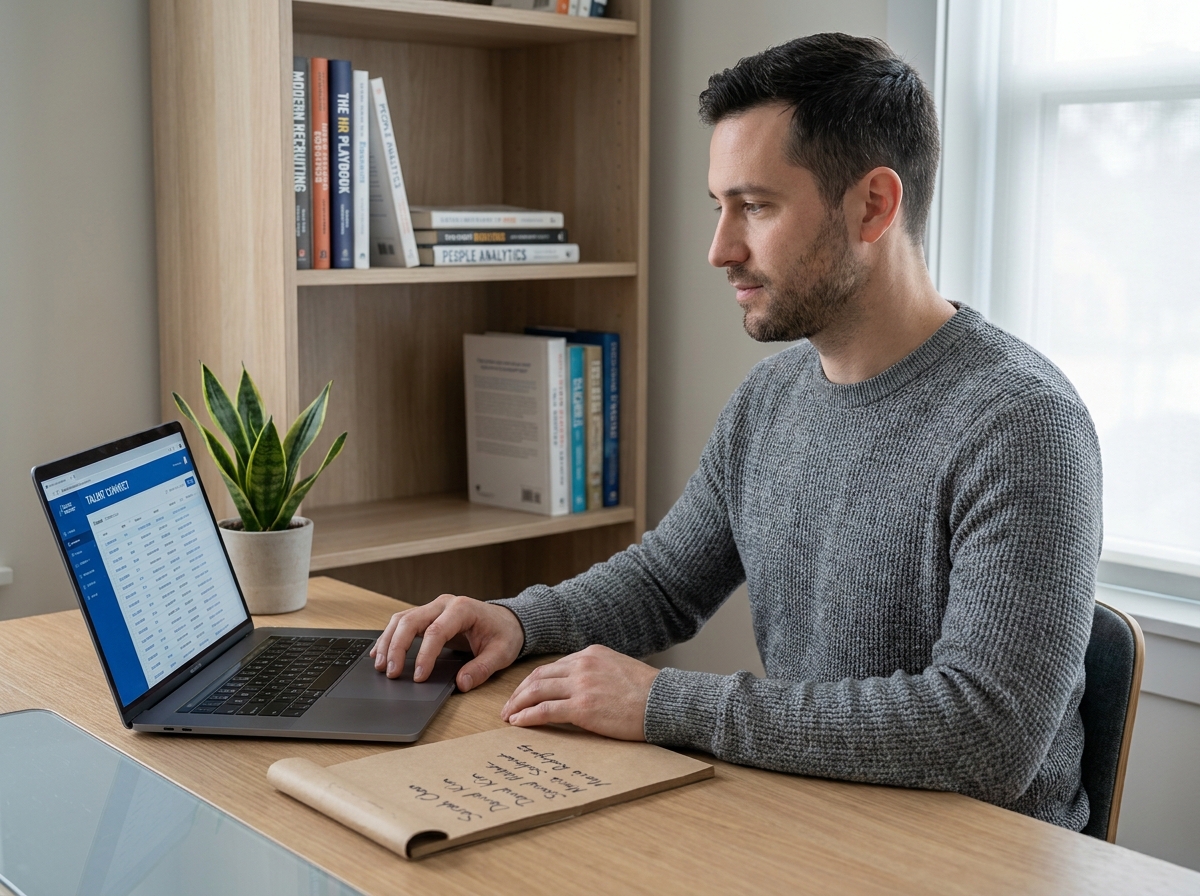 Recruteur consultant une base de données de candidats en ligne depuis son bureau à domicile