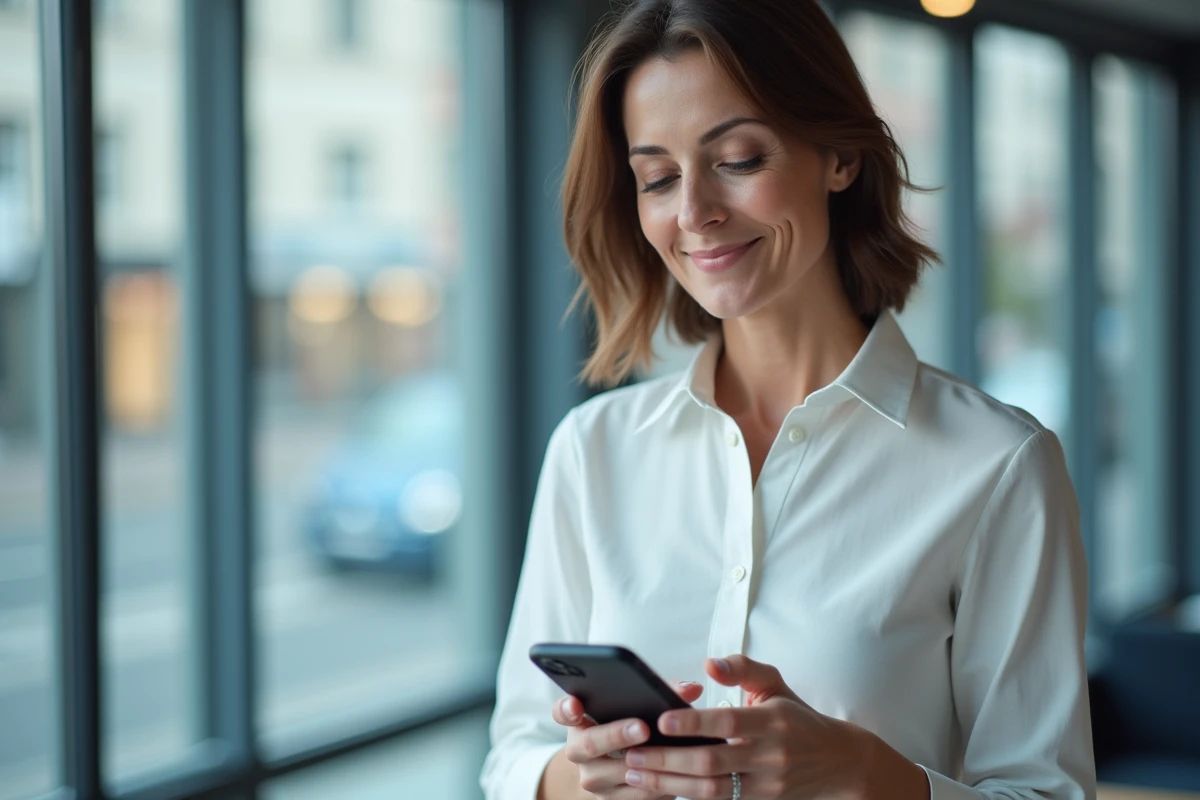 Femme consultant les paramètres de sa messagerie de club de football sur smartphone dans un bureau moderne à Strasbourg