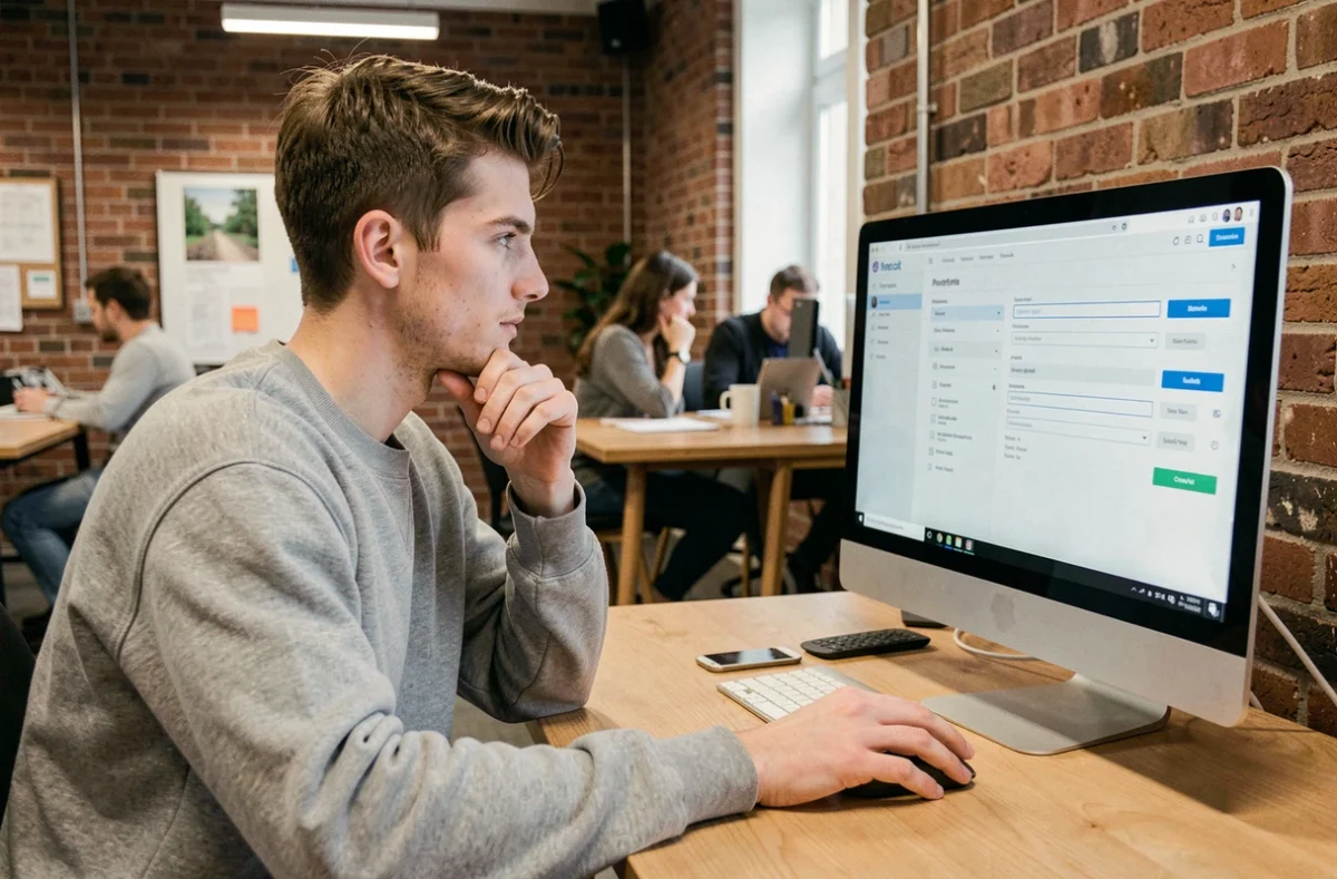 Jeune homme configurant les réglages de son compte Addviseo dans un espace de coworking pour décrocher son premier emploi