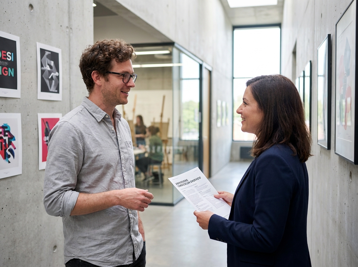 Homme adulte discutant avec une conseillère pédagogique dans le couloir d'une école de design graphique moderne