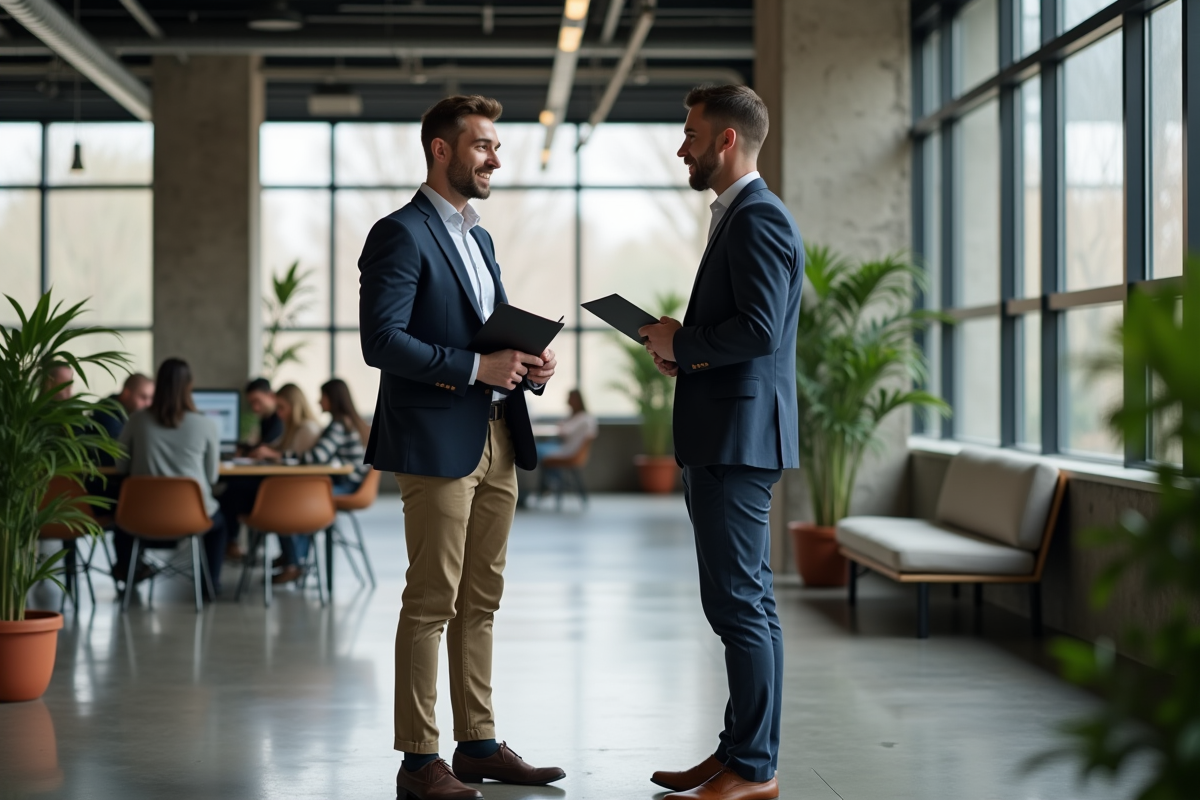Homme discutant avec conseiller en espace coworking