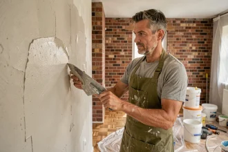 Homme en tablier de travail appliquant de l'enduit sur un mur lors de la rénovation complète d'un appartement après un cours pratique de bricolage