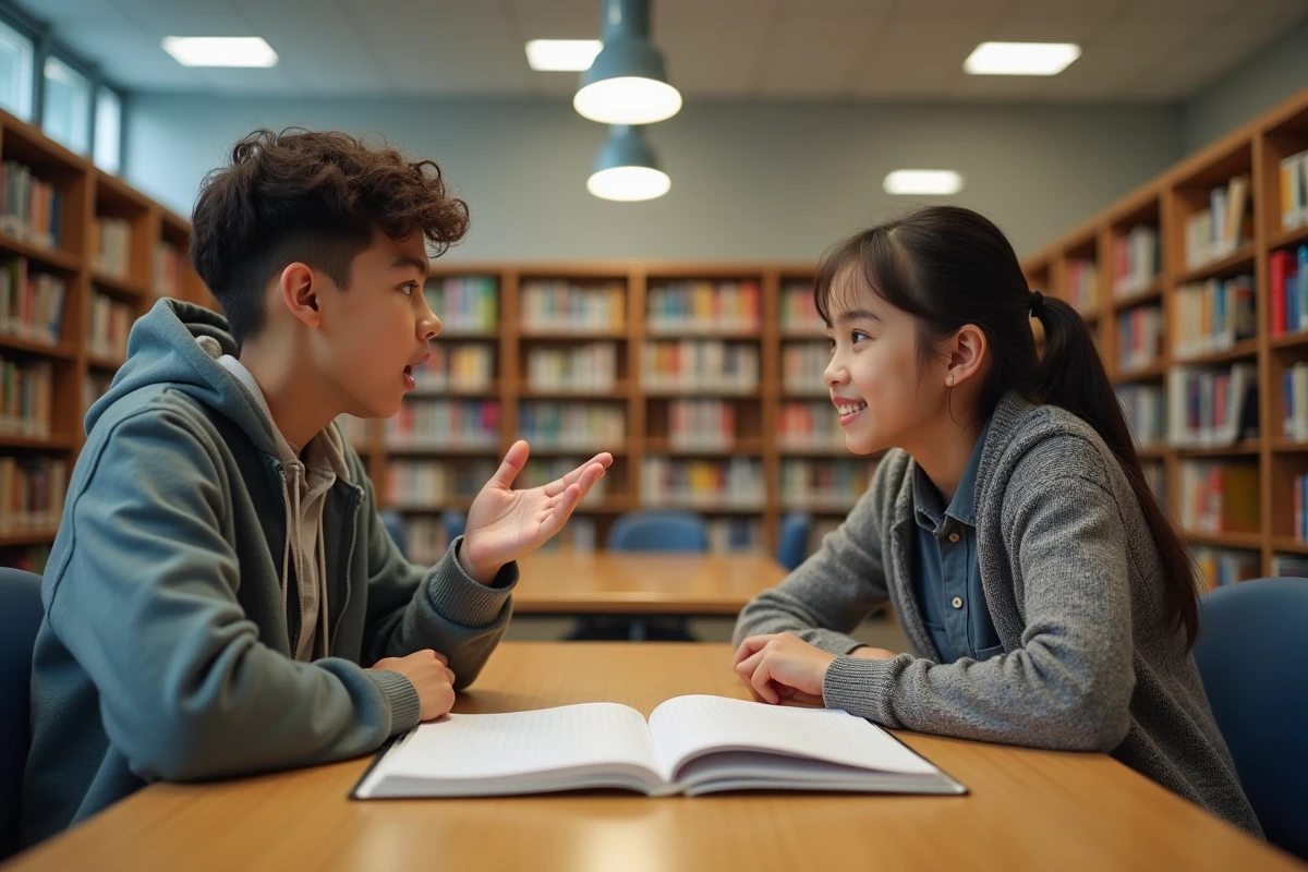 Deux collégiens répétant ensemble un discours de délégué dans une bibliothèque scolaire avec un cahier de notes ouvert entre eux