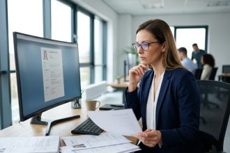 Responsable RH analysant une cvthèque de profils candidats sur écran dans un bureau moderne