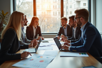 Réunion d'équipe moderne avec professionnels divers discutant formation