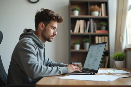 Jeune homme révisant le code de la route moto sur ordinateur portable à son bureau à domicile