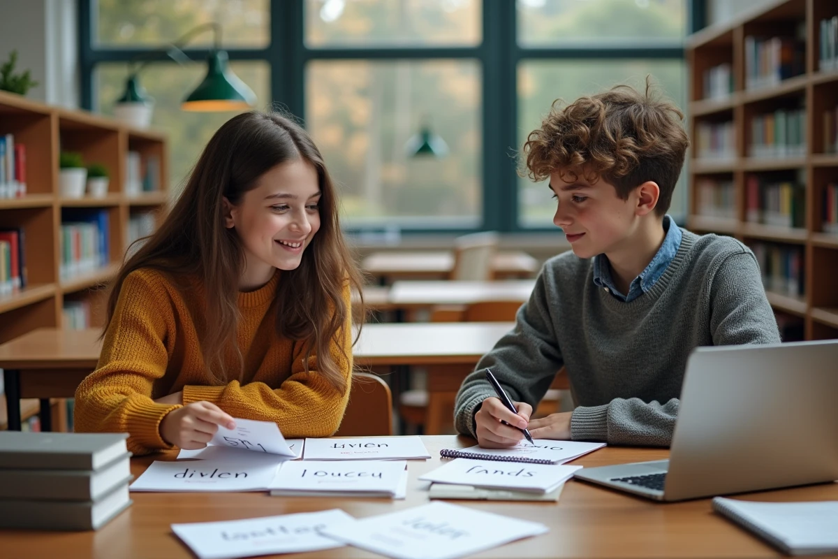 Deux lycéens qui révisent ensemble les connecteurs logiques à la bibliothèque pour préparer le Bac de français
