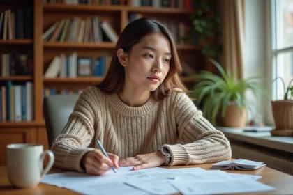 Jeune femme révisant un exemple de test TOEIC à son bureau avec des fiches d'entraînement et un crayon à la main