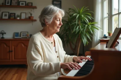 Senior femme aux cheveux argentés jouant du piano dans un salon chaleureux et confortable