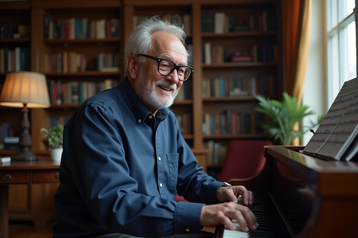 Senior homme avec lunettes apprenant le piano numérique à l'aide d'une partition pour débutants