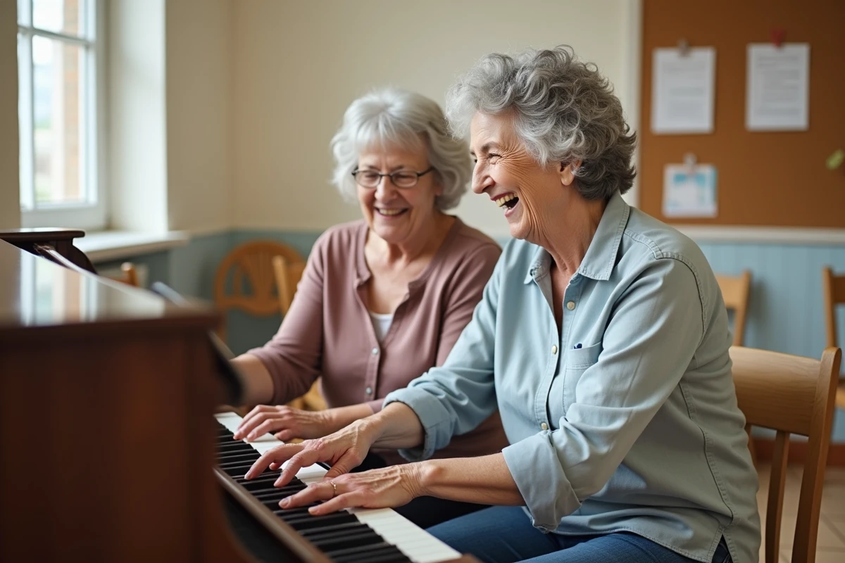 Deux seniors femmes apprenant le piano ensemble en cours collectif dans une salle communautaire