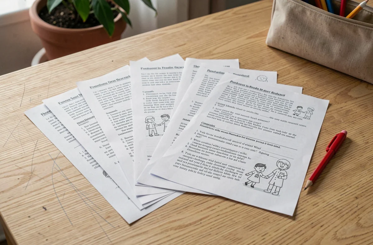 Séquences de lecture CE2 imprimées empilées sur une table en bois avec crayon et stylo rouge