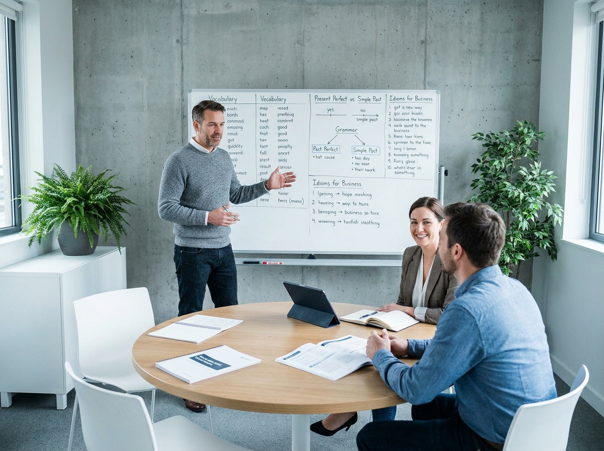 Session de formation anglais professionnel en groupe dans une salle de réunion moderne avec tableau blanc