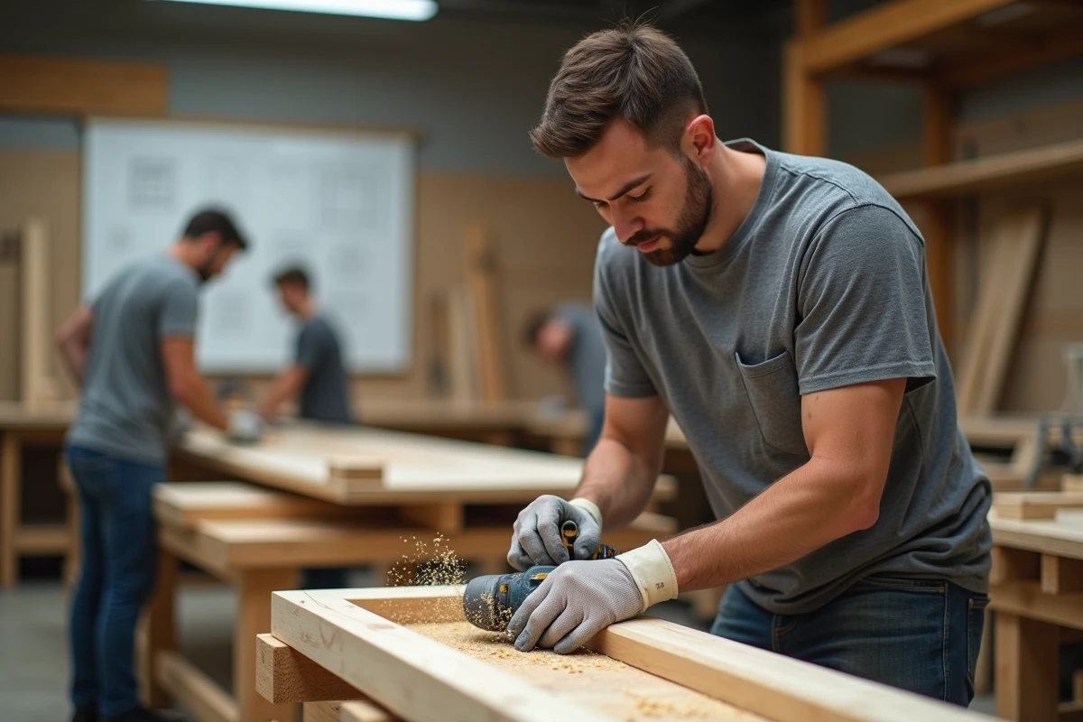 Stagiaire en formation menuiserie ponçant un cadre de porte dans un atelier de formation professionnelle