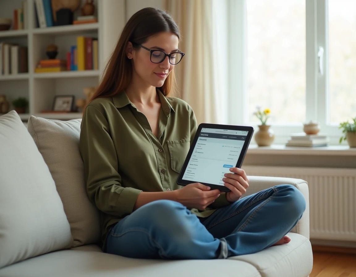 Jeune femme consultant une plateforme d'emailing sur tablette pour transférer ses contacts lors d'un changement d'abonnement