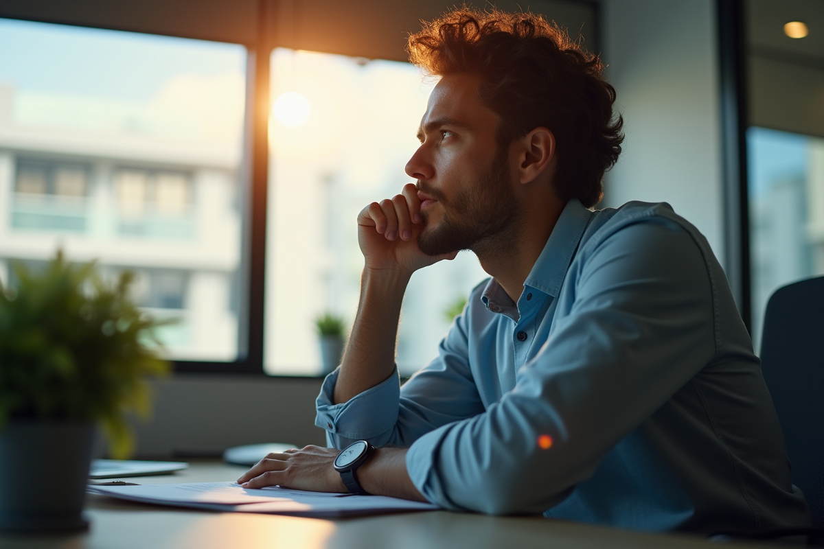 Employé public pensif regardant par la fenêtre en journée