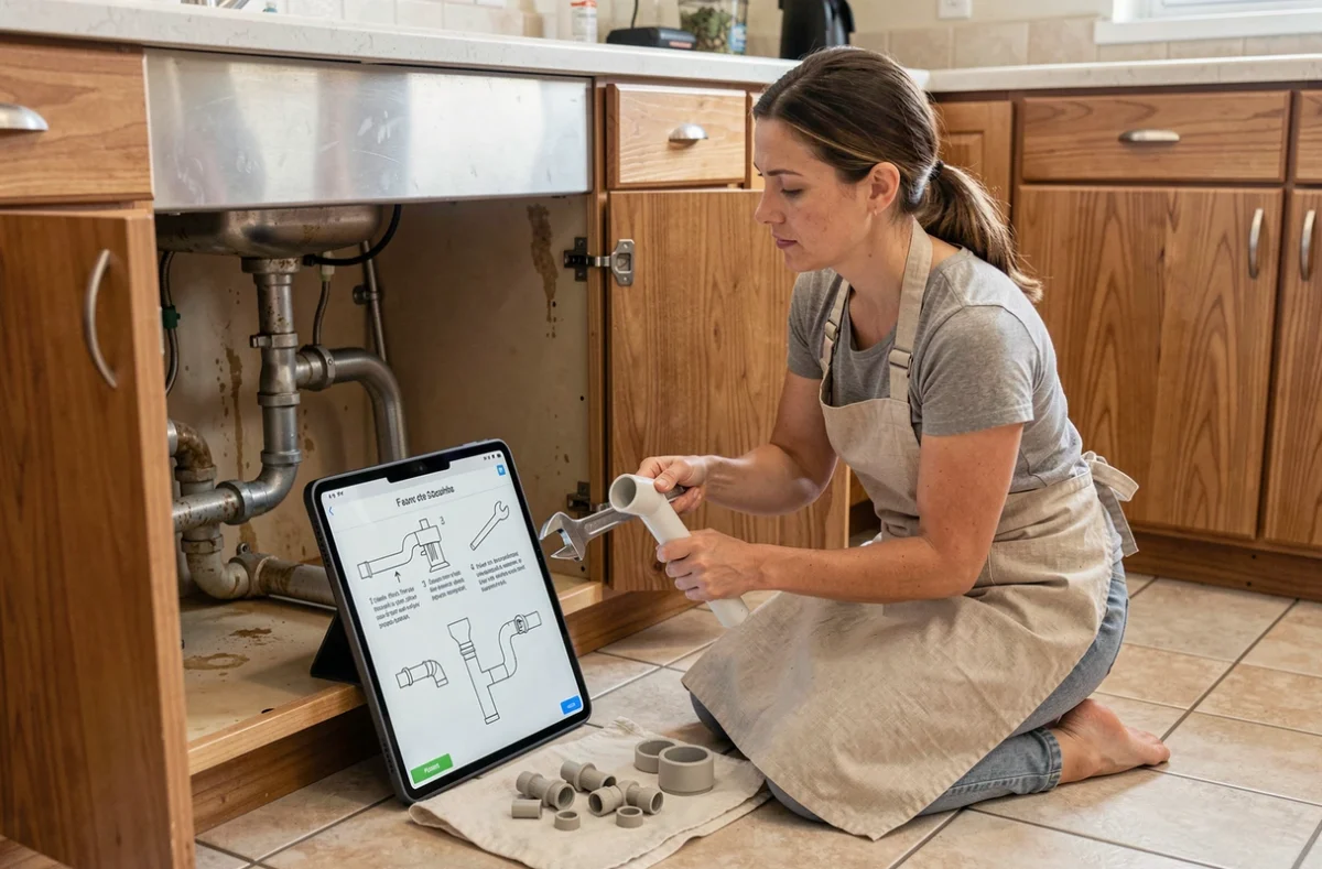Femme en train d'effectuer une réparation de plomberie chez elle en suivant un tutoriel vidéo sur tablette, alternative pratique au stage en magasin