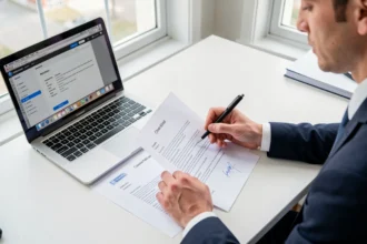 Une candidate relit son CV imprimé à son bureau