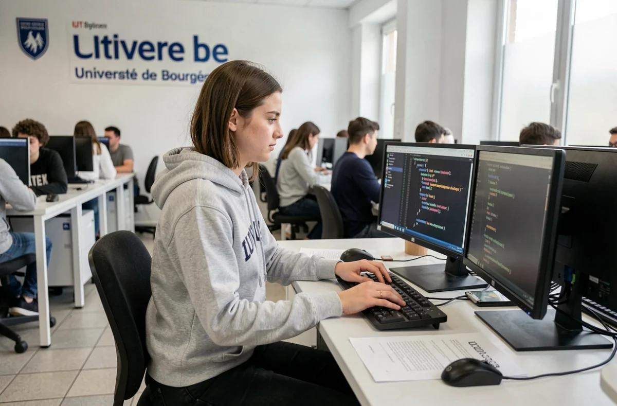Étudiante en informatique codant sur ordinateur dans un laboratoire informatique de l'IUT de Dijon-Auxerre, Université de Bourgogne